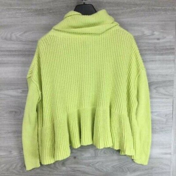 FREE PEOPLE | Neon Lime Green Cowl Neck Ruffle Hem Layer Cake Boho Knit Sweater - Picture 3 of 9